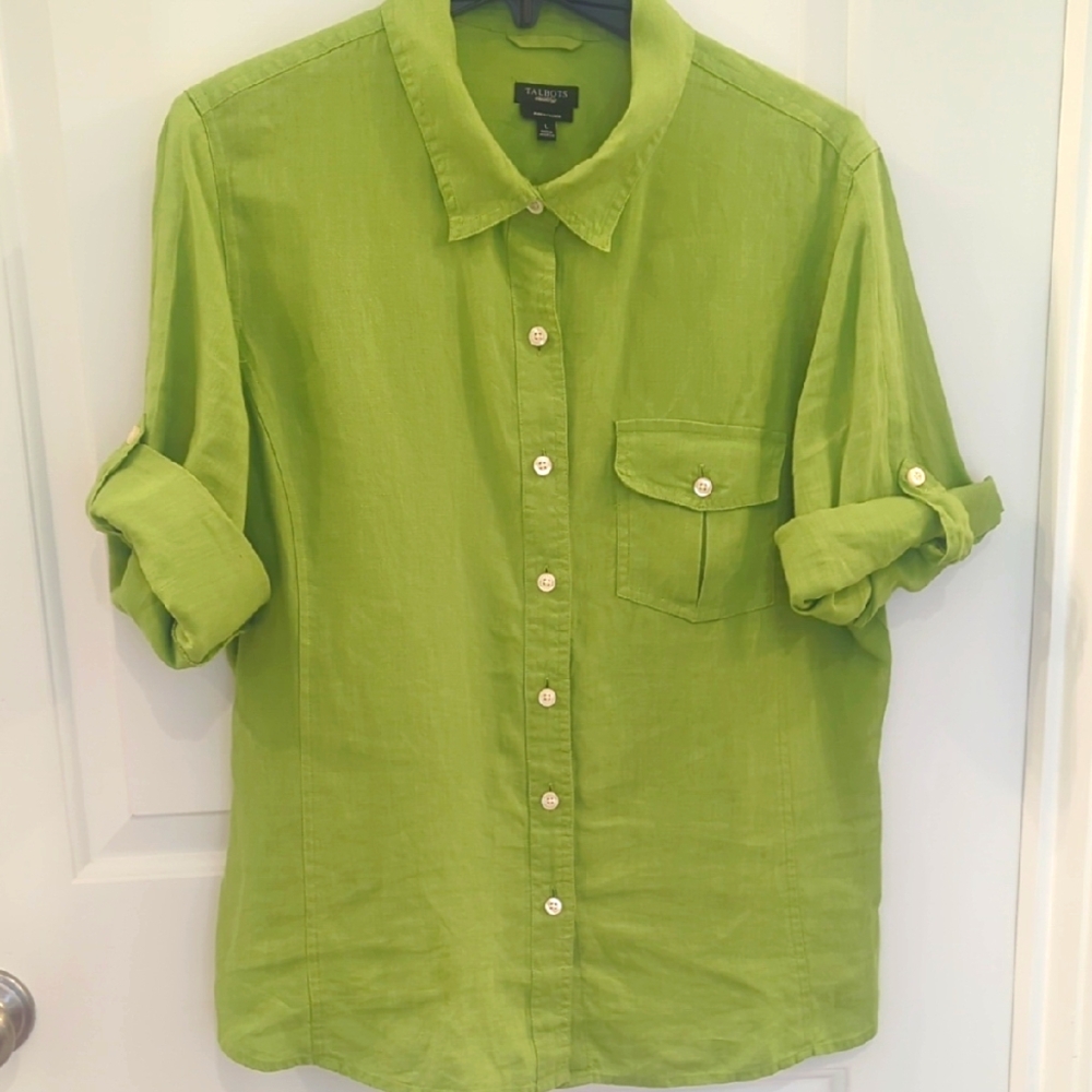 Talbot's Women's Lime Green  Irish Linen Button Down Shirt With Roll Sleeve